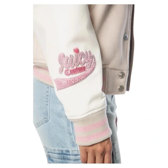 ❤️Juicy Couture‎ Beige White Varsity Jacket Pink Logo Preppy Y2K Sz M NWT